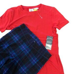 Jockey Girls Sm 2 piece PJ Loungewear Red Top Blue Plaid Pants Snug Fit Jersey